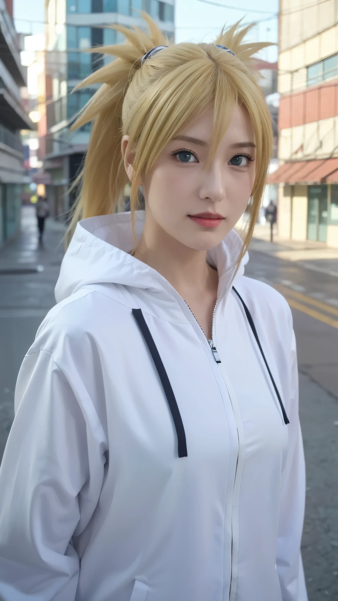 a close up of a person with long hair and a white jacket, temari, temari from naruto shippuden, as an anime character, perfect anime face, she has yellow hair with bangs, shemale anime character, anime character, anime best shemale, hime cut hairstyle, yellow hair, green eyes, very big tits, smile, realistic, ultra detail, city background, red glossy, (beautiful face:1.3)