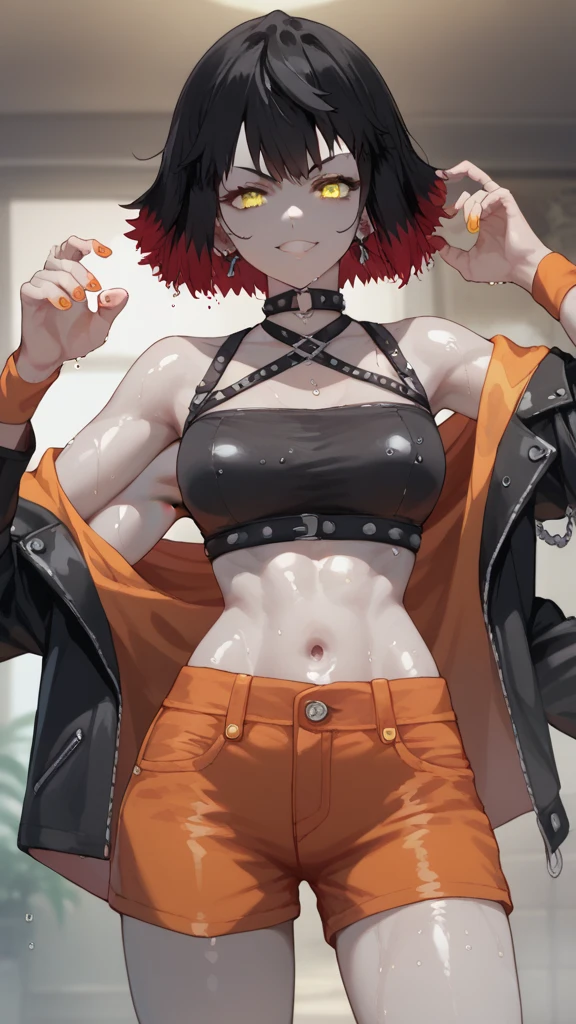 score_9, score_8_up, score_7_up, source_anime,
Susaru , Susaru ,  short hair,  black hair,  yellow eyes ,   red hair , multicolo  red hair ,  two-tone hair , grey skin,
black top, sub-chest,  extra arms, Only two hands, rocker girl, 
 in the room , studded leather long jacket with orange sleeves, short black top, orange shorts
One,  looks at the viewer, wet skin