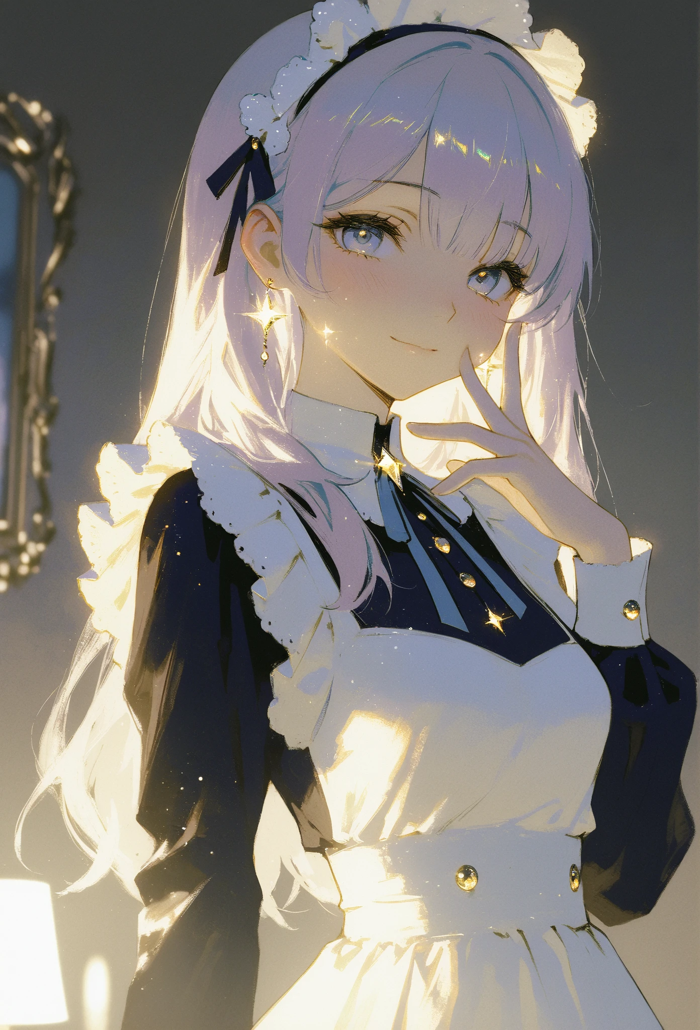 (masterpiece, best quality, high resolution, 8k, detailed),(masterpiece, best quality, high resolution, 8k, detailed), A cheerful young girl with light lavender hair styled in straight bangs, wearing a blue and white maid outfit. She has a soft smile and is making a peace sign with her fingers close to her face, exuding a playful and endearing energy. Her large, gentle eyes have a hint of sparkle, with a light blush on her cheeks. A heart-shaped decoration floats beside her, adding to the lighthearted, warm atmosphere. The colors are soft and muted, with a painterly style that brings out a sense of nostalgia and charm