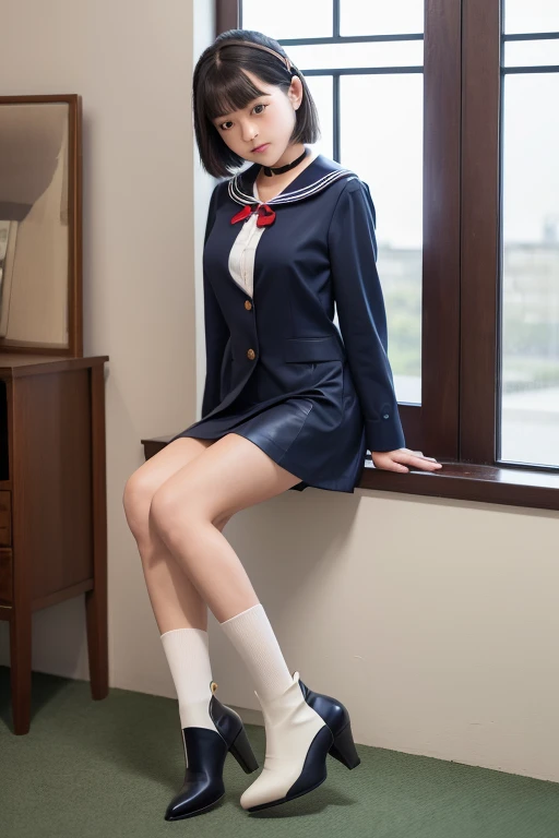 A woman in a sailor's suit sits on the floor, loose coat collar sailor uniform, Anime girl cosplay, Sailor uniform, Ayaka cosplay, pretty face with arms and legs, smooth white tight clothes suit, chiho, full-body xianxia, reluvy5213, the anime girl is crouching, sakimi chan, xintong chen