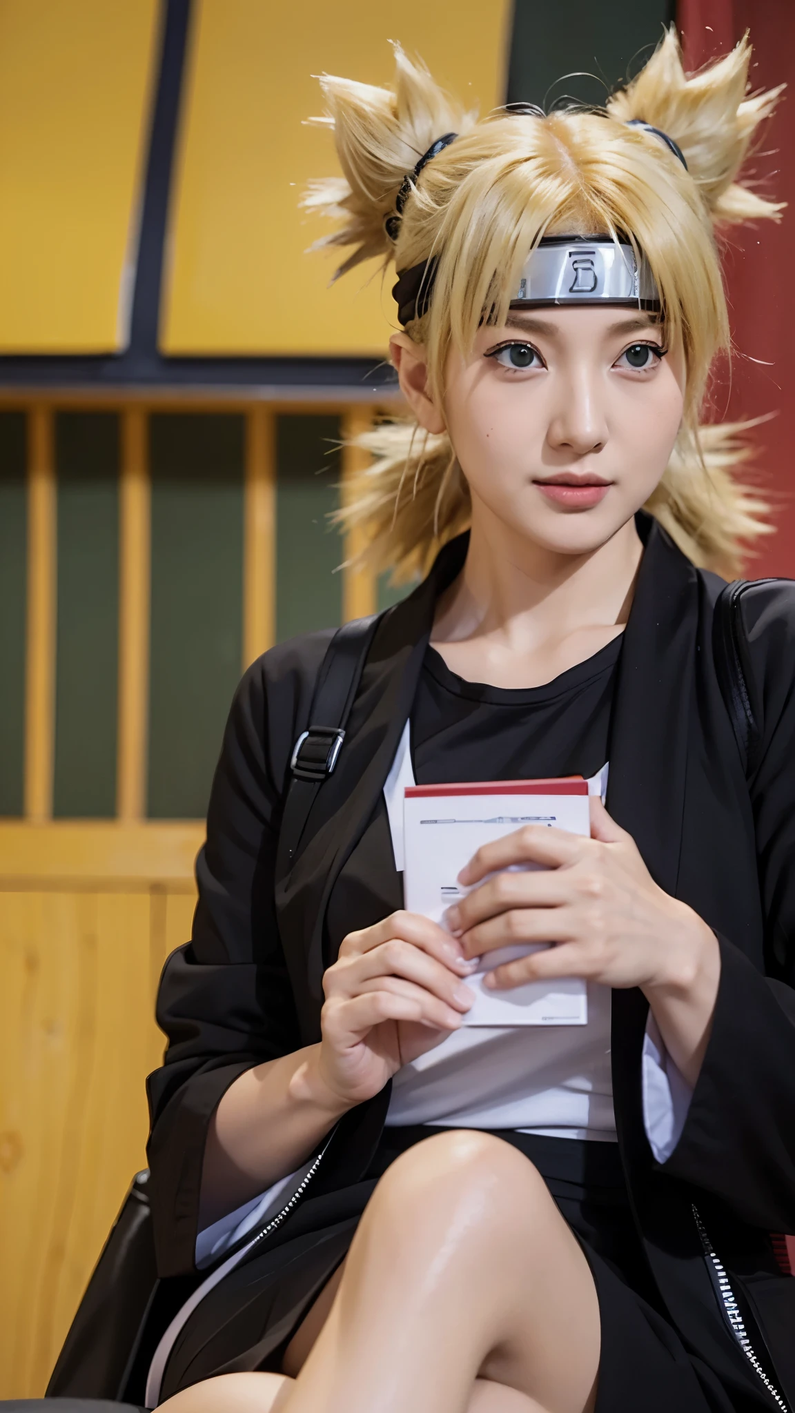 a close up of a person with long hair and a black jacket, temari, temari from naruto shippuden, as an anime character, perfect anime face, she has yellow hair with bangs, shemale anime character, anime character, anime best shemale, hime cut hairstyle, yellow hair, green eyes, very big tits, smile, realistic, ultra detail, city background, red glossy, (beautiful face:1.3)