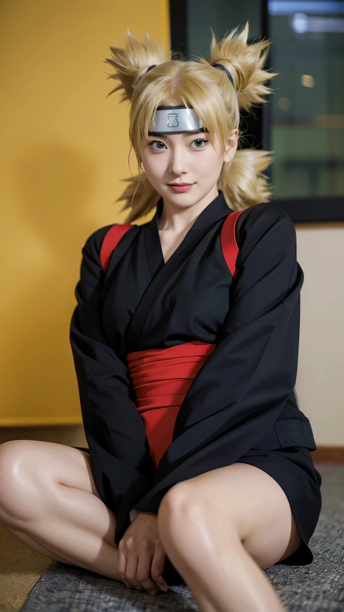a close up of a person with long hair and a black jacket, temari, temari from naruto shippuden, as an anime character, perfect anime face, she has yellow hair with bangs, shemale anime character, anime character, anime best shemale, hime cut hairstyle, yellow hair, green eyes, very big tits, smile, realistic, ultra detail, city background, red glossy, (beautiful face:1.3)