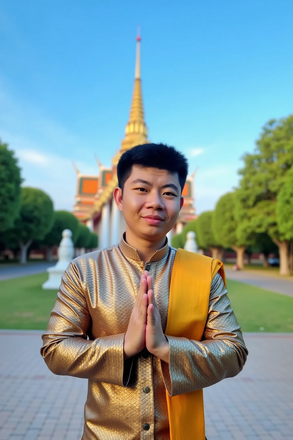 A young Thai man dressed in traditional Lanna-style attire stands gracefully in front of Wat Arun (Temple of Dawn). He wears an elegant silk outfit with intricate patterns, including a golden sash draped over his shoulder and a neatly tied pha sin (traditional wrap-around cloth). His hands are clasped together in a respectful wai gesture, exuding poise and dignity. The man’s expression is serene and welcoming, reflecting the cultural essence of Thailand. Behind him, the iconic spires of Wat Arun rise majestically, surrounded by lush greenery and the clear blue sky. The scene is vibrant and rich in cultural detail, capturing a moment of deep reverence and traditional beauty.

