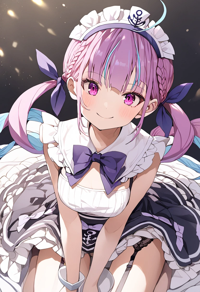  girl 、young、Idol、1 person、  Minato Aqua 、 hololive , purple hair, Blue Hair, purple eyes,  hololive 、smile、 like heaven、 red cheeks 、 garter belt、 Purple Ribbon 、smile、Swimsuit maid