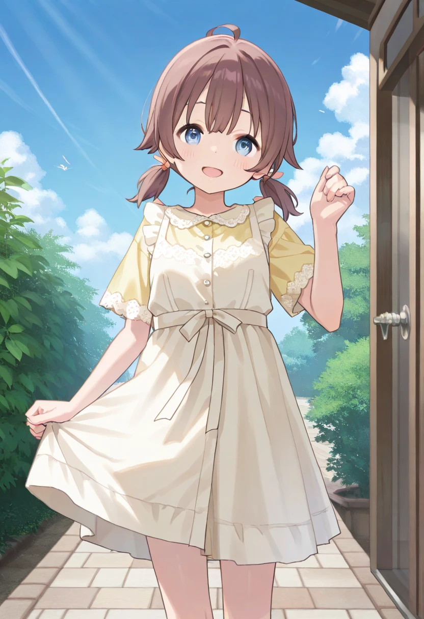  top quality 、One 、Extremely small bust 、 slender body、 dark brown hair 、 brown skin next to a woman、Girl with short twin tails 、 blue eyes、 is standing、 girl in white dress and girl in hot pants in yellow shirt、whole body、 slender body、Slender legs、garden、blue sky、smile