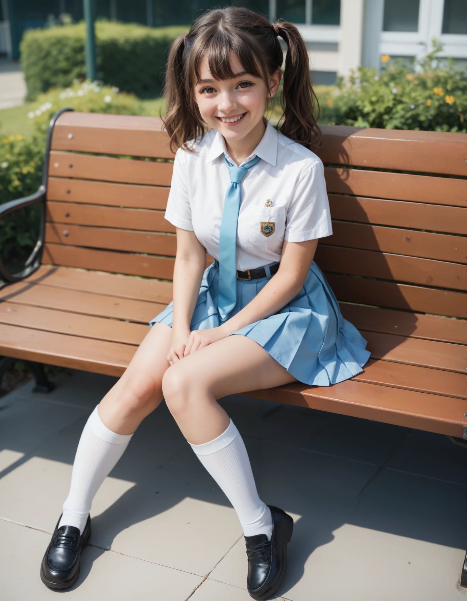 Masterpiece, hd, realistic, 1girl, black twintail hair and brown eyes, girl, cute girl, cute character, (white skin) happy and confident expression. full body, medium breasts, long straight hair, thin legs (happy, smile, cheerful), wearing white collared shirt, short sleeves, light blue skirt, pleated skirt, light blue neck tie, pocket, school logo on pocket, wearing black belt, wearing black shoes, white socks, Sitting on bench, smile, outdoor, school background