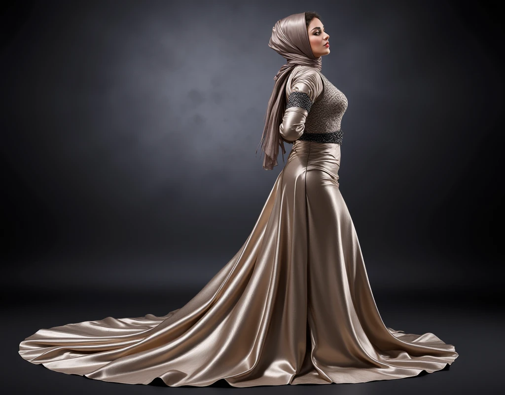 An turk woman in glamorous mermaid evening dress, long ballon sleeve bolero, long satin scarf wrapped around her arms, wear jewellery, wear modern satin hijab, entirety of fabric over dress about 7 meters in length trailing dramatically, glamours style, overlong dress train, extreme detail on the texture of the fabric, sexy random pose in studio, dramatic lighting, ultra realistic, high-resolution photography.