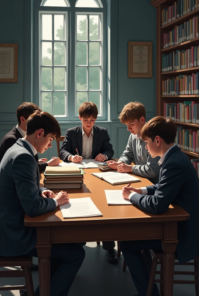sad children in uniform inside a library