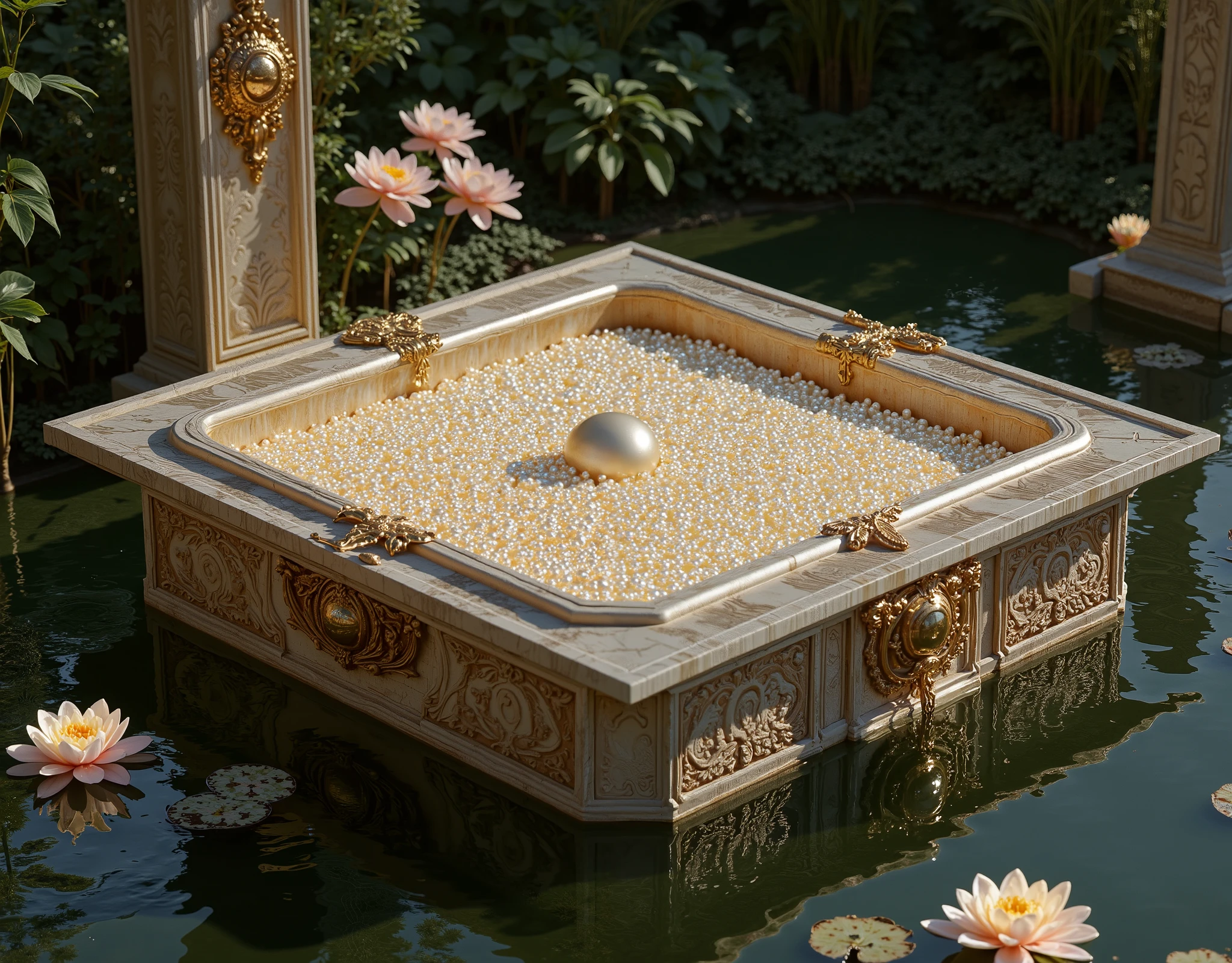 A massive, intricately carved marble box as large as a bed, resting in the center of a serene pool adorned with blooming water lilies. The bowl overflows with countless tiny, luminous, and colorful pearls, their lite hues casting soft reflections on the marble and the water below. The pool is surrounded by lush greenery, with gentle sunlight filtering through, creating a dreamy, tranquil atmosphere. The scene is infused with ethereal beauty, evoking a sense of wonder and peace, as if taken from a mythical paradise.
