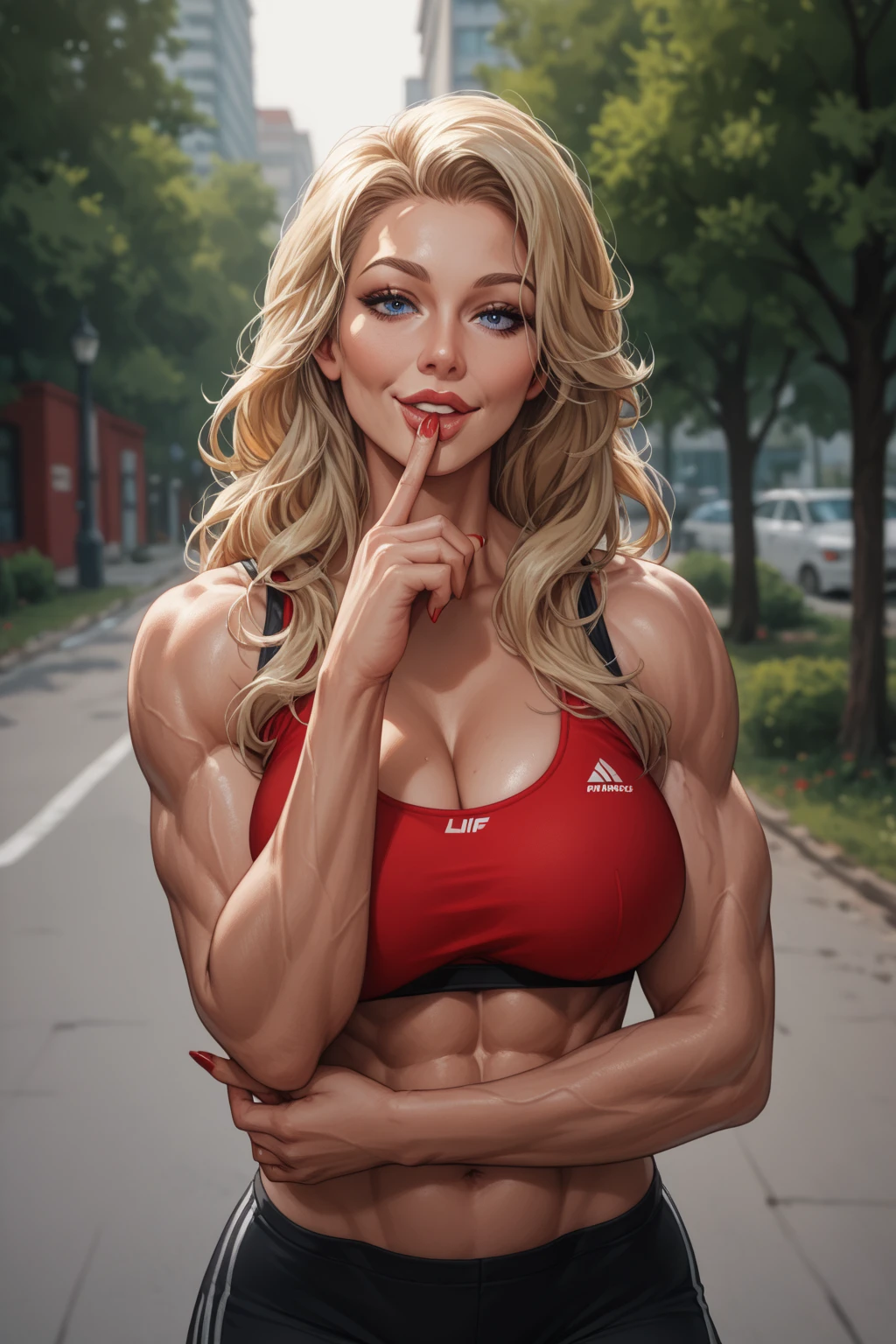 score_9, score_8_up, score_7_up,, (middle aged woman with milf) , finger in mouth, seductive look, , , vascular_biceps,  shoulder lengthblonde hair, dark blue eyes, delicate smile, looking upwards, red sports bra_black sports shorts, full lips, red finternails, hand in hair, bicep flex