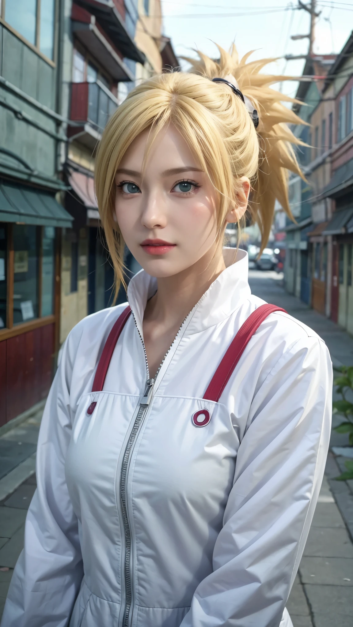 a close up of a person with long hair and a white jacket, temari, temari from naruto shippuden, as an anime character, perfect anime face, she has yellow hair with bangs, shemale anime character, anime character, anime best shemale, hime cut hairstyle, yellow hair, green eyes, very big tits, smile, realistic, ultra detail, city background, red glossy, (beautiful face:1.3)