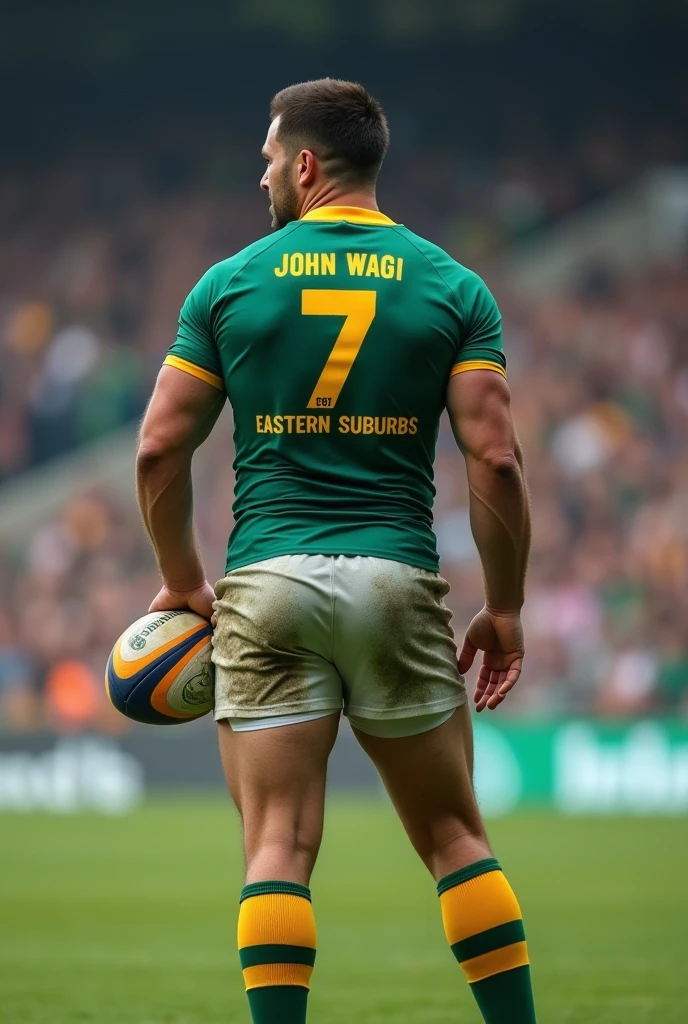  man italian Rugby player ,whole body, toothless smile, Rugby player , very naked , naked ,big penis , large virile member , pen , rugby sports team, black hair fades , captivating and seductive big eyes, beard European man 30 years old, (High shadow detail), wearing the Calvin Klein rugby brand uniform, muscular chest, long and strong legs, left neck look, neck tattoo, big mouth, wide shoulders, nice detailed hands, Bokeh background of rugby field, bright and colorful colors.