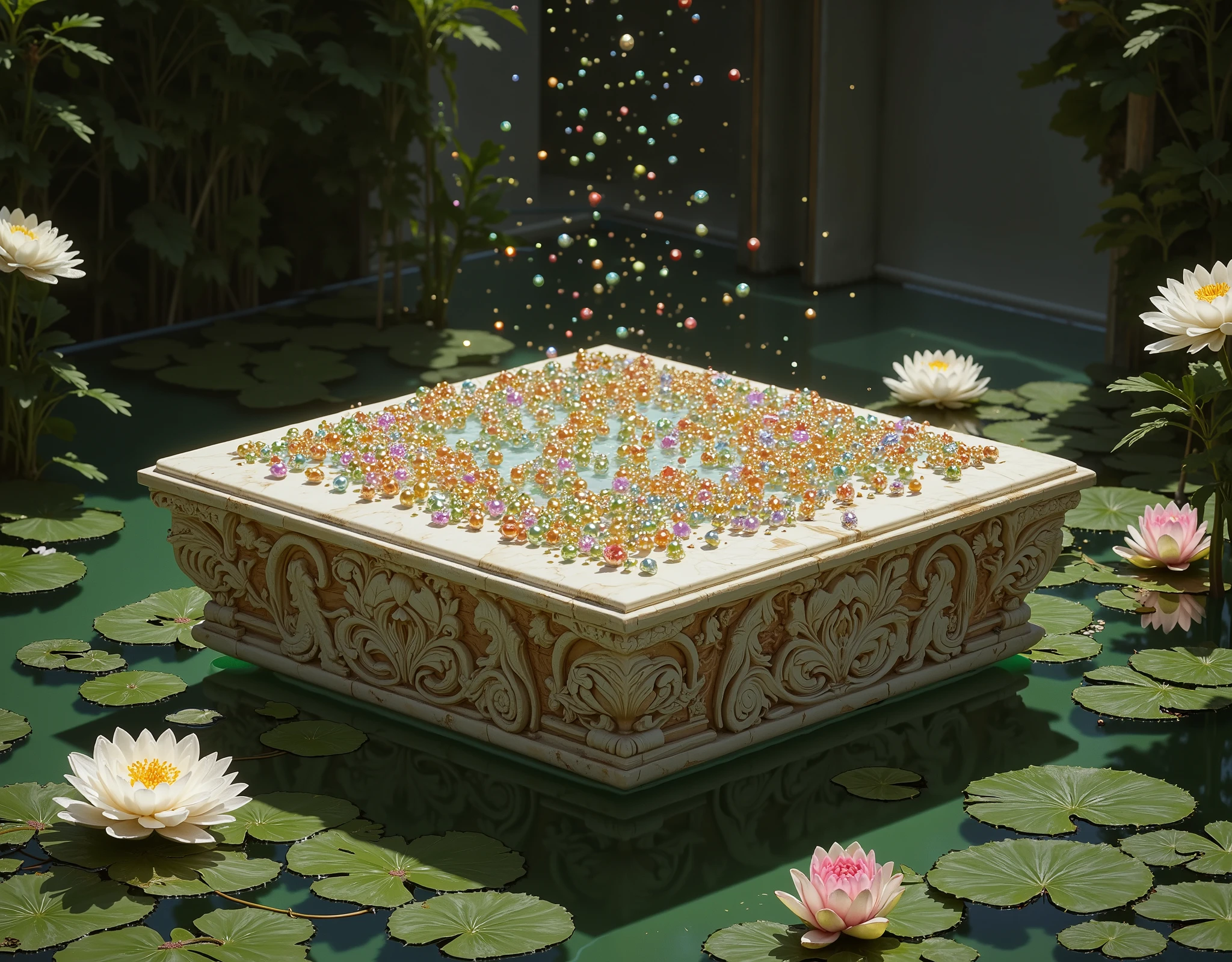 A massive, intricately carved marble box as large as a bed, resting in the center of a serene pool adorned with blooming water lilies. The bowl overflows with countless tiny, luminous, and colorful pearls, their lite hues casting soft reflections on the marble and the water below. The pool is surrounded by lush greenery, with gentle sunlight filtering through, creating a dreamy, tranquil atmosphere. The scene is infused with ethereal beauty, evoking a sense of wonder and peace, as if taken from a mythical paradise.
