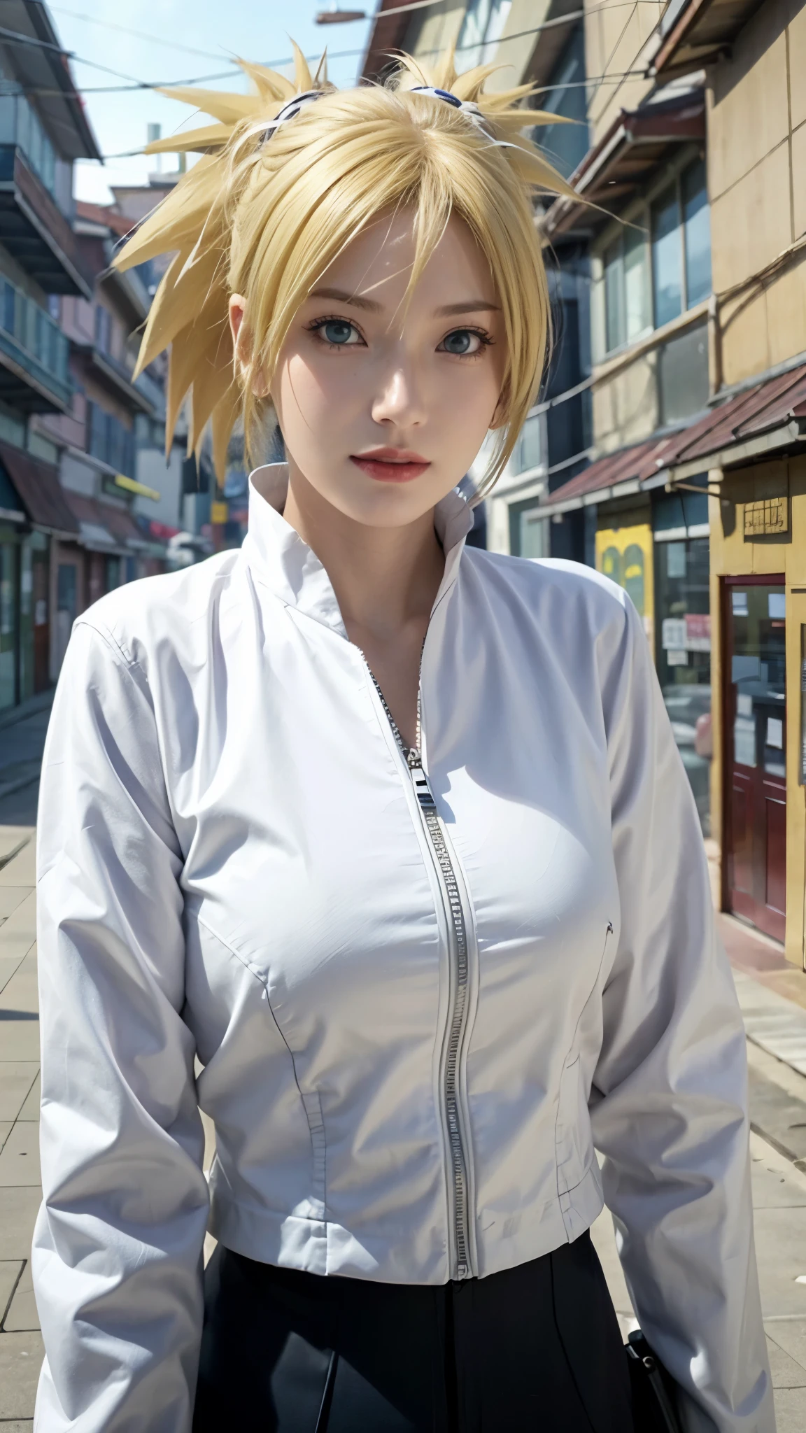 a close up of a person with long hair and a white jacket, temari, temari from naruto shippuden, as an anime character, perfect anime face, she has yellow hair with bangs, shemale anime character, anime character, anime best shemale, hime cut hairstyle, yellow hair, green eyes, very big tits, smile, realistic, ultra detail, city background, red glossy, (beautiful face:1.3)