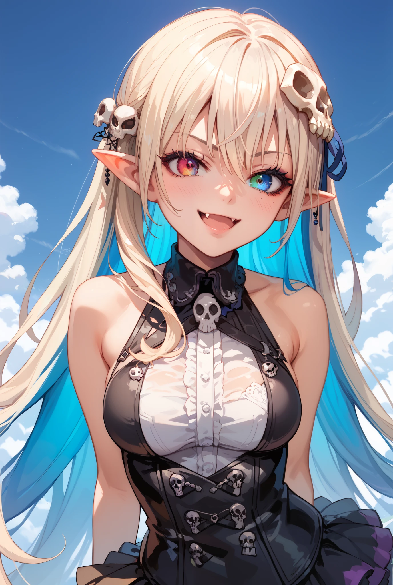 1girl, Anatomically Correct, Best
Quality, Detail, High Details, Quality, High Quality, Super
Detailed, Absurdly Long Hair, Multicolored Hair, Breasts,
Pointy Ears, Makeup, Heterochromia,
Multicolored Eyes, Fang Out, Empty Eyes, Stifled Laugh,
Light Blush, Skull Hair Ornament, Anime Style, Anime, High Resolution, 