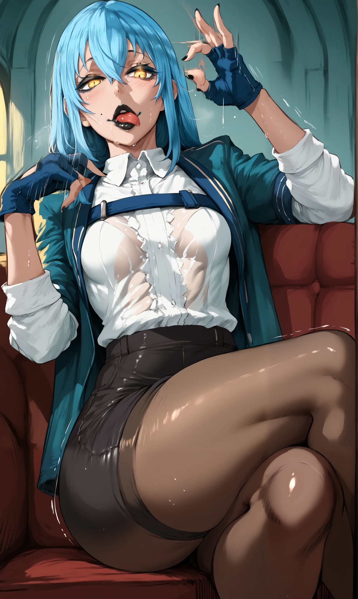 (cutesexyrobutts style:0.8), (neisan style:0.7), asura style, GrRimuru, rimuru tempest, long hair, hair between eyes, blue hair, yellow eyes, androgynous, mature female, (black lipstick, black lips:1.3), (small breasts:1.3), BREAK detailed eyes, (perfect hands, perfect anatomy), detailed eyes, (perfect hands, perfect anatomy), (skindentation:1.2), excessive sweating, sweating profusely, sweating drop, (gasping, heavy breathing:1.2), (glow effect:1.2), beautiful detailed eyes, beautiful detailed lips, extremely detailed face and portrait, elegant expression, soft warm lighting, volumetric lighting, cinematic composition, detailed environment, lush garden, vibrant colors, intricate details, masterpiece, high resolution, digital painting, excessive sweating, sweating profusely, sweating drop BREAK, gloves, looking_at_viewer,  solo, pantyhose, shirt, blush, white_shirt, jacket, collared_shirt, (fellatio gesture:1.2), (tongue out:1.2), seductive eyes, motion lines, fingerless gloves 