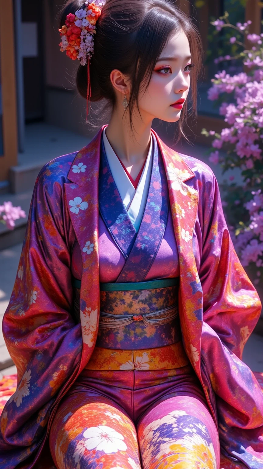  New Year's party scene , multiple beautiful young women ,(masterpiece:1.3, top quality :1.3, very detailed depiction:1.3, Incredible High Definition :1.3,High quality anime drawings),,(Japanese kimono in bright colors:2.0,Vibrant embroidery),( purple eyes, half-closed eye , flashy makeup, black hair, glossy lips, big breasts,Beautiful legs,High quality skin),( scene eating food , everyone is sitting seated and eating zoni, New Year dishes ,New Year's gathering ,Toso), not looking at me ,Bird&#39;s-eye view