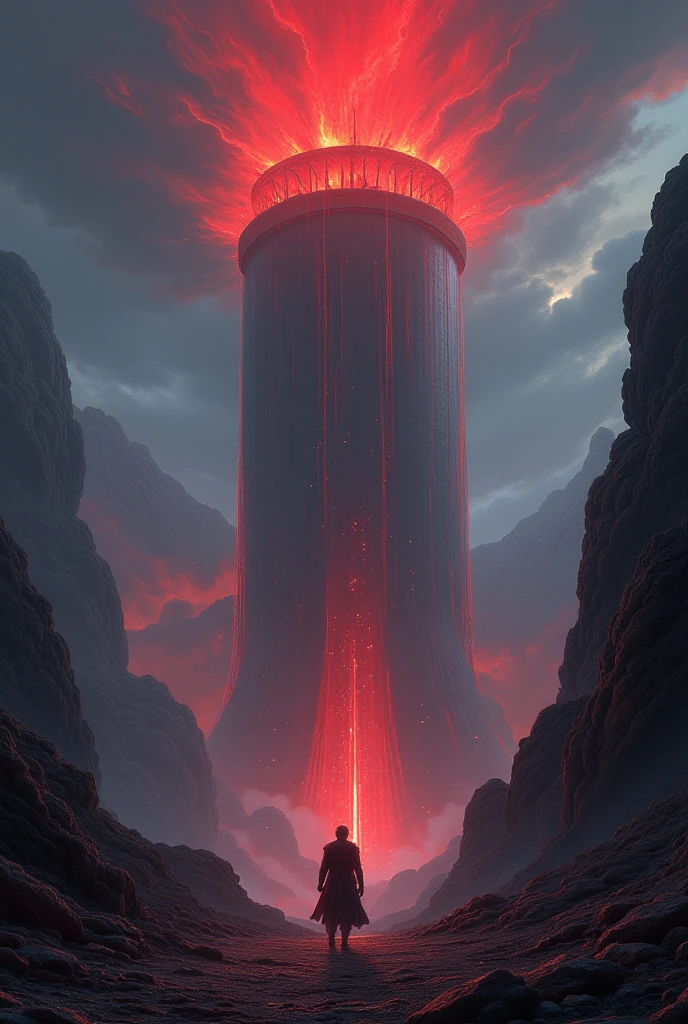 In the distance, there is a massive fantasy city featuring a large tower silo in its center, which contains a chaos god trapped within. Red energy is escaping from the top of the tower. The scene is highly detailed, photorealistic, and presented in 8K resolution. It features cinematic and dramatic lighting, showcasing an epic fantasy atmosphere, created through digital painting, matte painting, and concept art techniques.