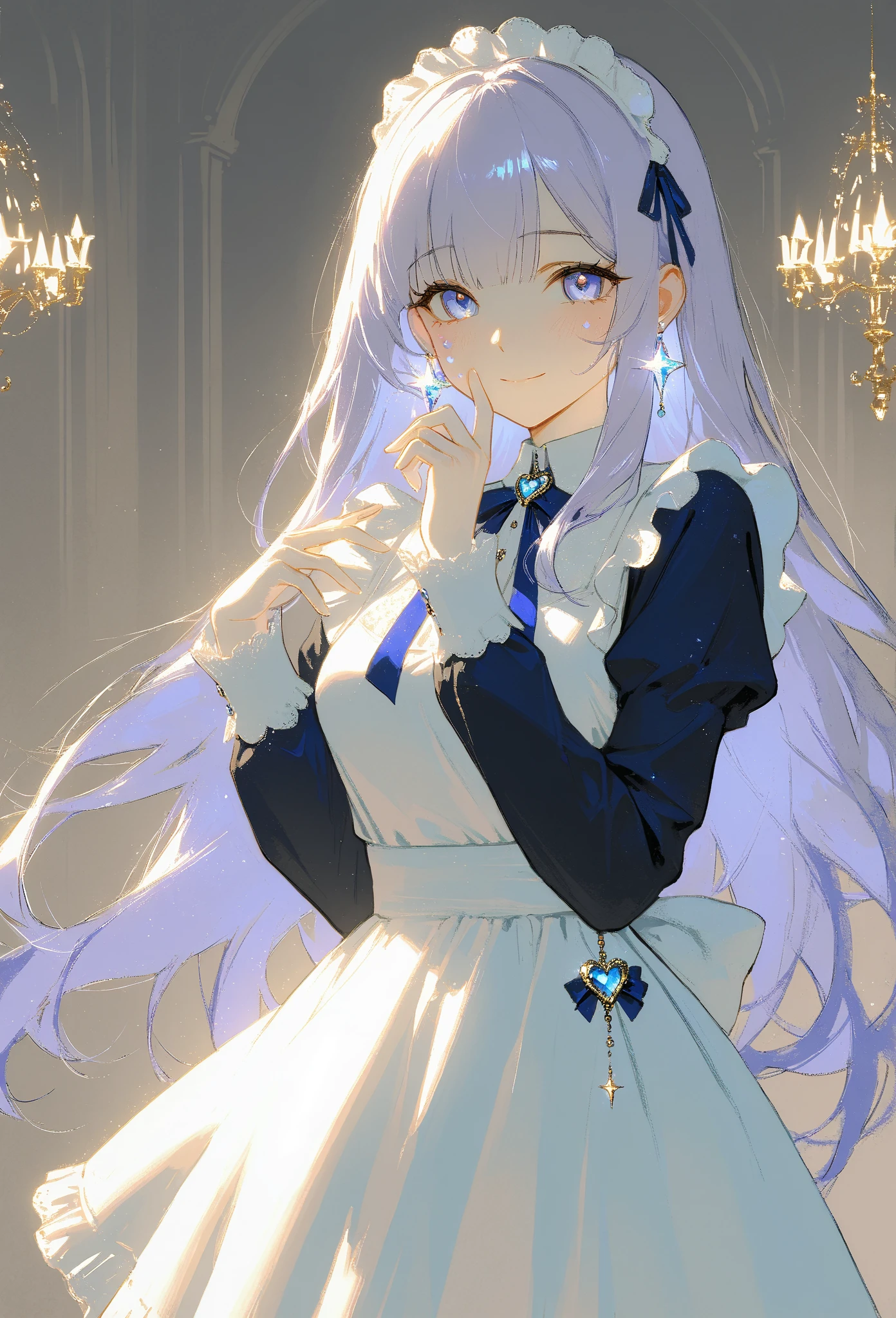 (masterpiece, best quality, high resolution, 8k, detailed),(masterpiece, best quality, high resolution, 8k, detailed), A cheerful young girl with light lavender hair styled in straight bangs, wearing a blue and white maid outfit. She has a soft smile and is making a peace sign with her fingers close to her face, exuding a playful and endearing energy. Her large, gentle eyes have a hint of sparkle, with a light blush on her cheeks. A heart-shaped decoration floats beside her, adding to the lighthearted, warm atmosphere. The colors are soft and muted, with a painterly style that brings out a sense of nostalgia and charm