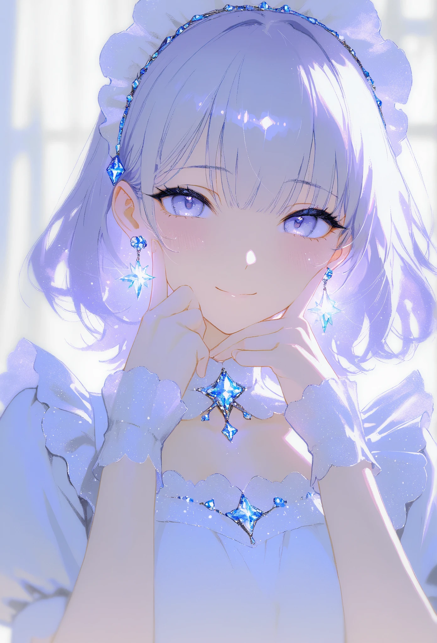 (masterpiece, best quality, high resolution, 8k, detailed),(masterpiece, best quality, high resolution, 8k, detailed), A cheerful young girl with light lavender hair styled in straight bangs, wearing a blue and white maid outfit. She has a soft smile and is making a peace sign with her fingers close to her face, exuding a playful and endearing energy. Her large, gentle eyes have a hint of sparkle, with a light blush on her cheeks. A heart-shaped decoration floats beside her, adding to the lighthearted, warm atmosphere. The colors are soft and muted, with a painterly style that brings out a sense of nostalgia and charm