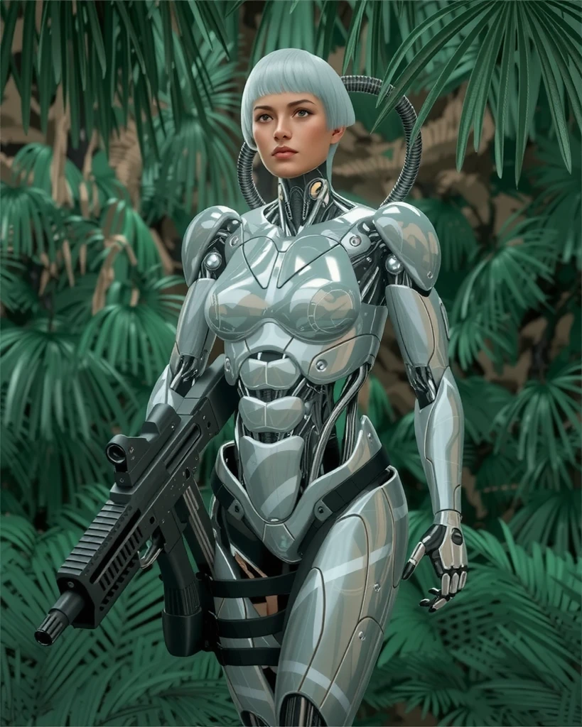 A waist-up photo of a female ultra-enhanced heavy-duty military cyborg forest ranger with a white short haircut. She is walking through a dense tropical forest with a heavy submachine gun. The cyborg ranger has a shining reflective white marble chromium body armor, with robotic parts, muscle cables, perfect eyes, and a perfect body. She has symmetric eyes. The background is a fictional dense tropical forest. The photo has a cyberpunk, biopunk theme, and is in the style of Don Lawrence.