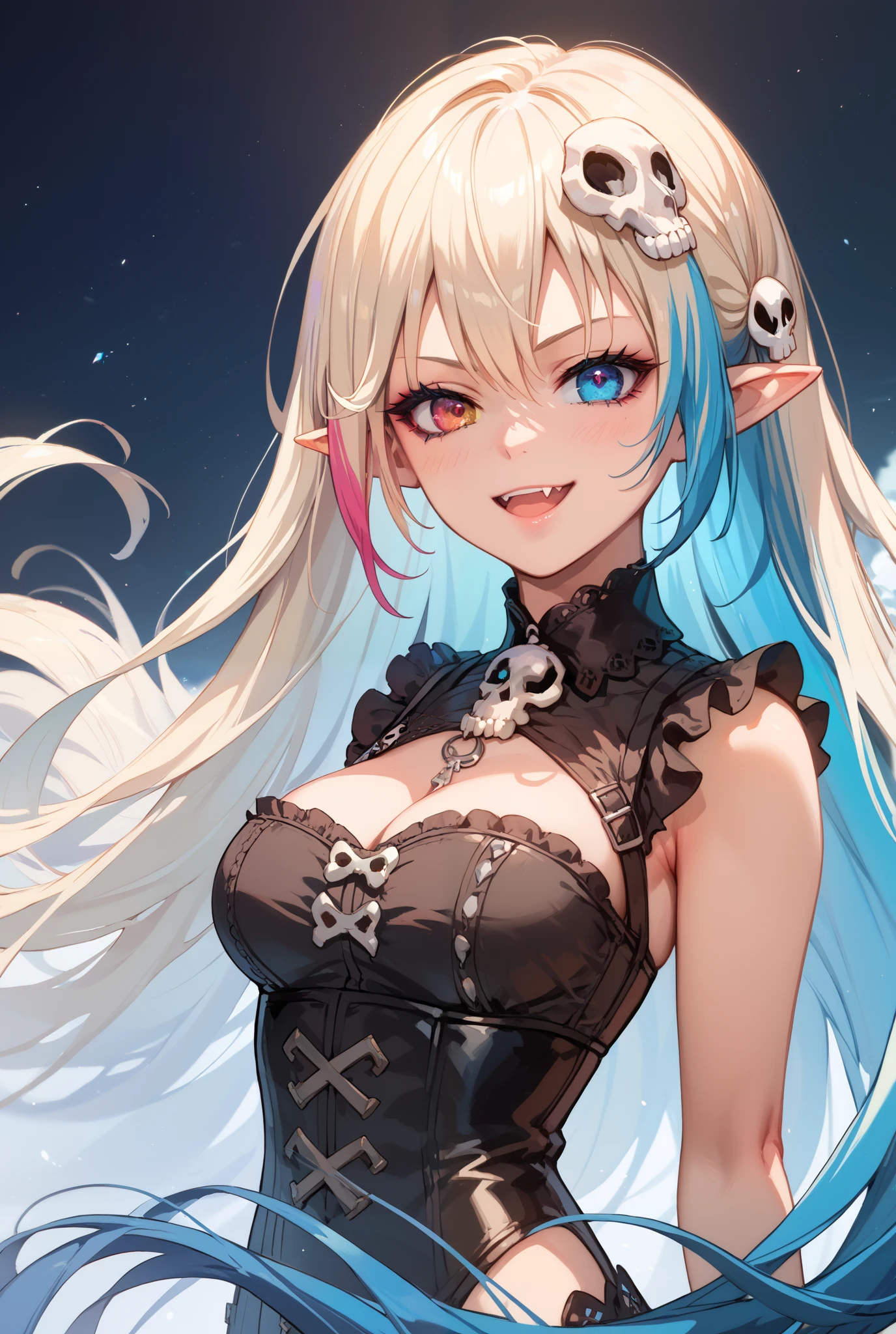 1girl, Anatomically Correct, Best
Quality, Detail, High Details, Quality, High Quality, Super
Detailed, Absurdly Long Hair, Multicolored Hair, Breasts,
Pointy Ears, Makeup, Heterochromia,
Multicolored Eyes, Fang Out, Empty Eyes, Stifled Laugh,
Light Blush, Skull Hair Ornament, Anime Style, Anime, High Resolution, 