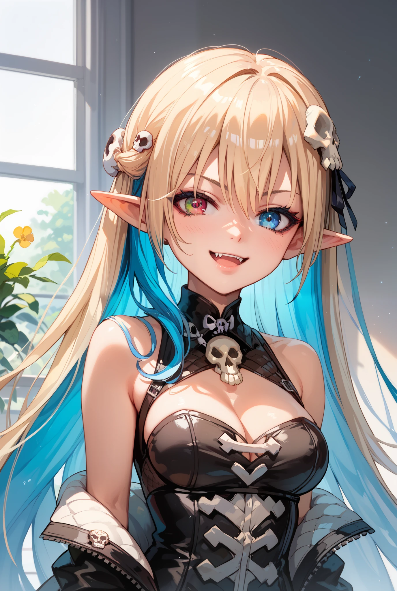 1girl, Anatomically Correct, Best
Quality, Detail, High Details, Quality, High Quality, Super
Detailed, Absurdly Long Hair, Multicolored Hair, Breasts,
Pointy Ears, Makeup, Heterochromia,
Multicolored Eyes, Fang Out, Empty Eyes, Stifled Laugh,
Light Blush, Skull Hair Ornament, Anime Style, Anime, High Resolution, 