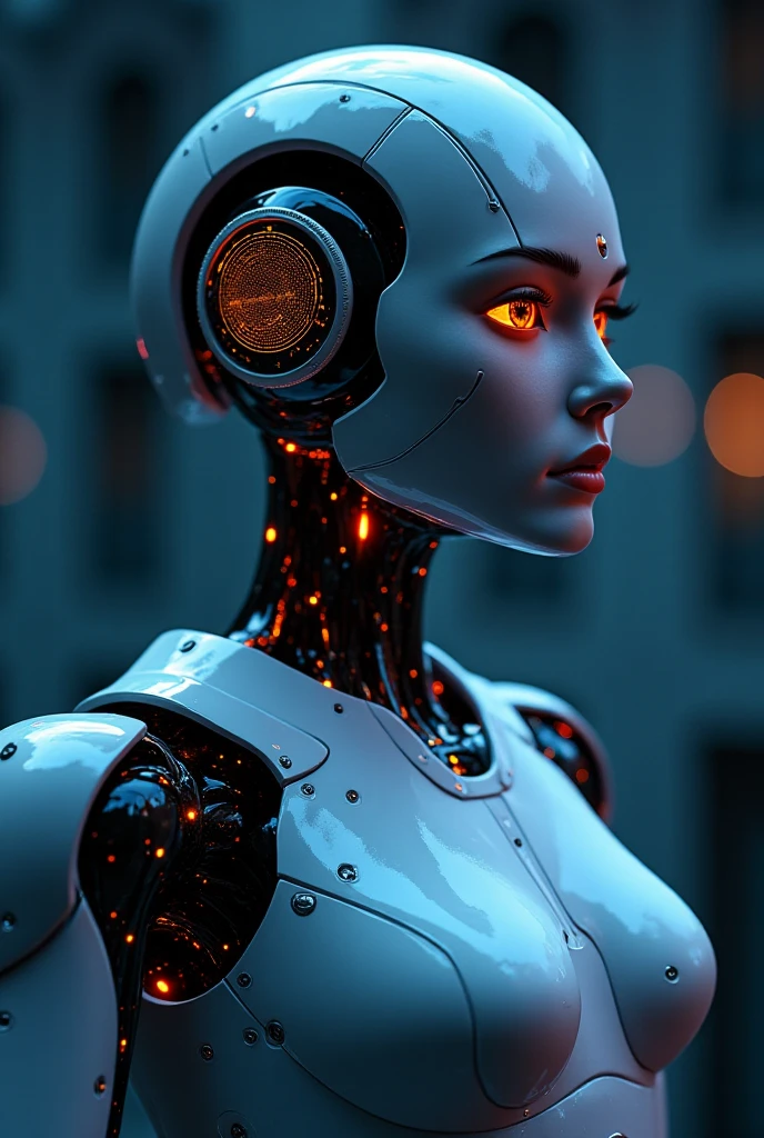 a sexy female robot,glossy metallic body, glowing blue circuitry, beautiful detailed eyes,beautiful detailed lips,extremely detailed face and skin,long eyelashes,seductive pose,intricate mechanical details,futuristic sci-fi setting,dramatic lighting,cinematic composition,(best quality,4k,8k,highres,masterpiece:1.2),ultra-detailed,(realistic,photorealistic,photo-realistic:1.37),highly detailed, cinematic, dramatic lighting,vibrant neon colors