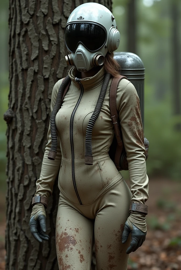 Solo woman, randoseru,backpack, catsuit.red backpack, S10 gasmask, wasteland.
