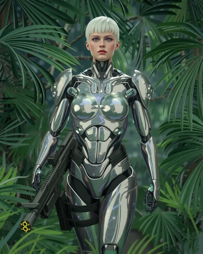 A waist-up photo of a female ultra-enhanced heavy-duty military cyborg forest ranger with a white short haircut. She is walking through a dense tropical forest with a heavy submachine gun. The cyborg ranger has a shining reflective white marble chromium body armor, with robotic parts, muscle cables, perfect eyes, and a perfect body. She has symmetric eyes. The background is a fictional dense tropical forest. The photo has a cyberpunk, biopunk theme, and is in the style of Don Lawrence.