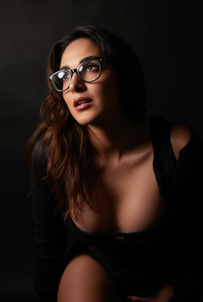 Captured from top, a busty Indian woman with long flowing hair leaning forward and looking up, downblouse , wearing glasses, open mouth as erotic climax expression,deep cleavage, thick thighs, dark fantasy, hyper detailed, cinematic lighting, dramatic shadows, rich colors, moody atmosphere, award winning digital art, masterpiece, 8k, high resolution,