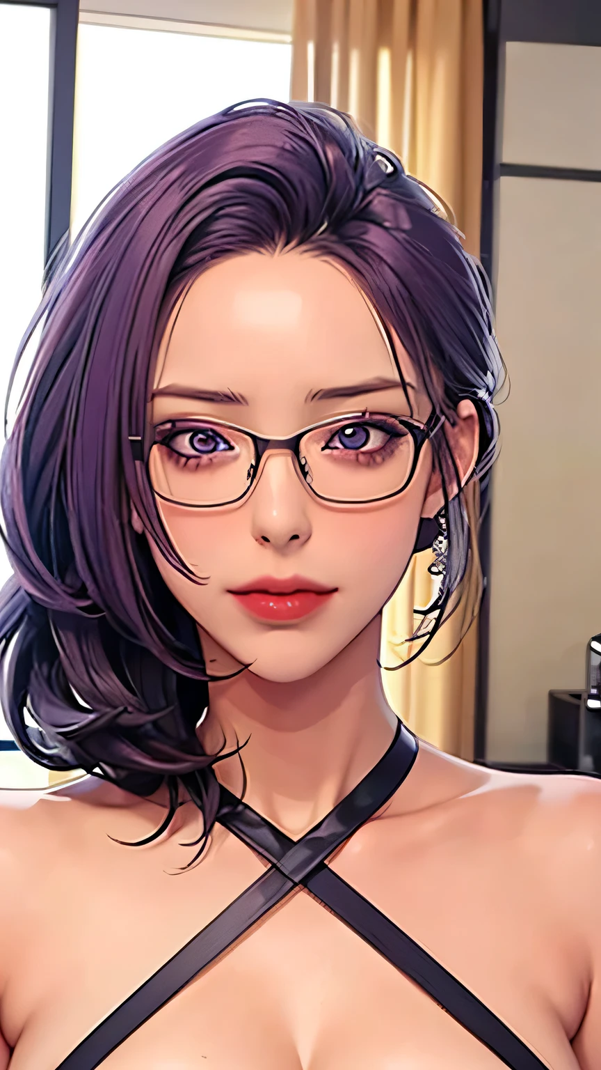 perfect symmetrical broken face {ten} seteny Korean woman in office,masterpiece,32K, rich in detail , rich in detail , the details are complicated ,Breaking in (Ridiculous:1.1, high resolution:1.1, facial contraction showing :1.1), crazy details,Ridiculous, ( high resolution :1.1, ray tracing:1.1,refraction:1.1) ( 1.1 - ) (1.woman,1:1.3 digit ), perfect symmetrical broken face ,Purple Hair,Purple Eye, 30-year-old woman standing 、Wearing glasses, tendon expression ,Smile(((((whole body)))))))