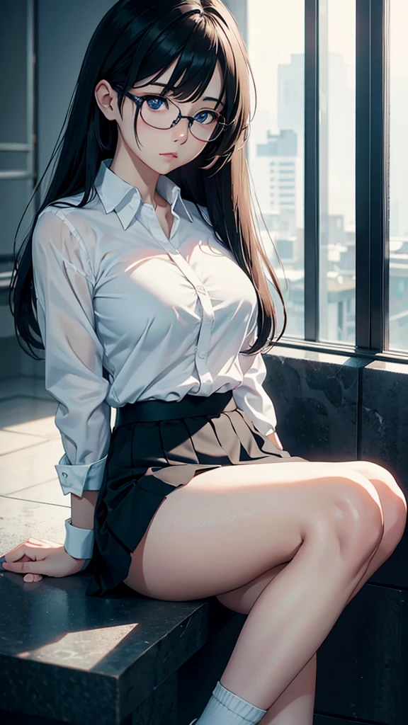 a beautiful office lady with black hair, wearing a flared skirt and a shirt, embarrassed facial expression, mature, (upskirt view from low angle:1.0), pastel panties,(1 person:1.5),(upskirt:1.5)