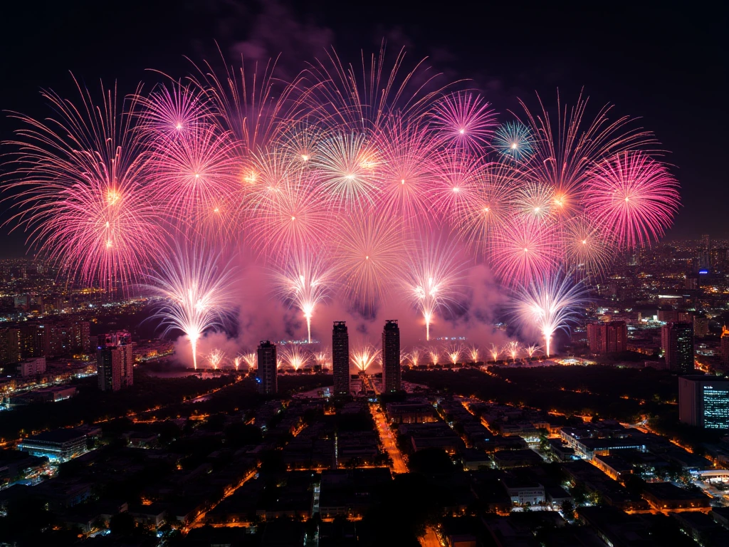  High Resolution,  camera angle from top ,  masterpiece,  best quality, fireworks, bangkok Thailand, happy new year 2025, realistic photo,