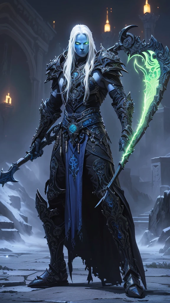 Dark fantasy necromancer with deep blue skin, long flowing white hair, intense glowing blue eyes, wearing rich jet-black spiked armor with intricate engravings, wielding an ornate scythe that emits a sickly green glow around the blade, dramatic cinematic lighting, hyper-realistic details, atmospheric fog, ultra high-resolution fantasy illustration