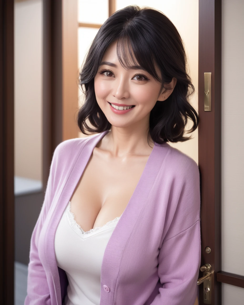 a portrait photograph of a pretty mid- female, beautiful realistic photo, Look at 4K highly detailed art,  
Big Breasts ,  Japanese、Apartment Wife、Wide Eyes Shot、 Japanese、light purple cardigan、 cleavage in years、entrance、 black hair、 smiles, Light blush,  The scene where the entrance door to the housing complex is opened from the inside分け目のある前髪, 