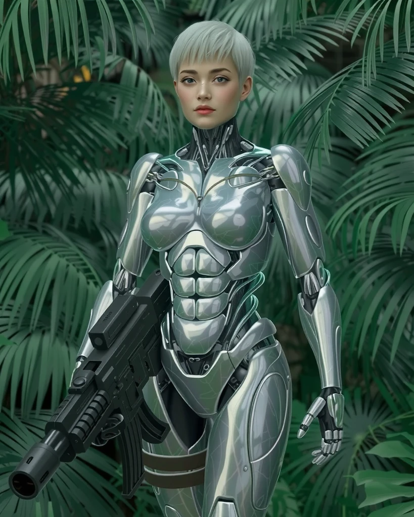 A waist-up photo of a female ultra-enhanced heavy-duty military cyborg forest ranger with a white short haircut. She is walking through a dense tropical forest with a heavy submachine gun. The cyborg ranger has a shining reflective white marble chromium body armor, with robotic parts, muscle cables, perfect eyes, and a perfect body. She has symmetric eyes. The background is a fictional dense tropical forest. The photo has a cyberpunk, biopunk theme, and is in the style of Don Lawrence.