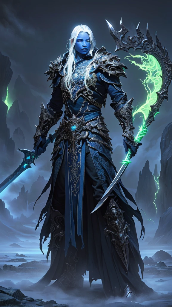 Dark fantasy male drow necromancer with deep blue skin, long flowing white hair, intense glowing blue eyes, wearing rich jet-black spiked armor with intricate engravings, wielding an ornate scythe that emits a sickly green glow around the blade, dramatic cinematic lighting, hyper-realistic details, atmospheric fog, ultra high-resolution fantasy illustration