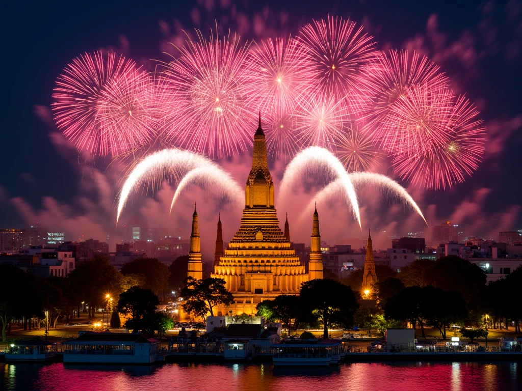 (masterpiece: 1.3), (8k, photorealistic, RAW photo, best quality: 1.4), fireworks, ((wat arun bangkok Thailand)) , happy new year 2025, camera angle from top