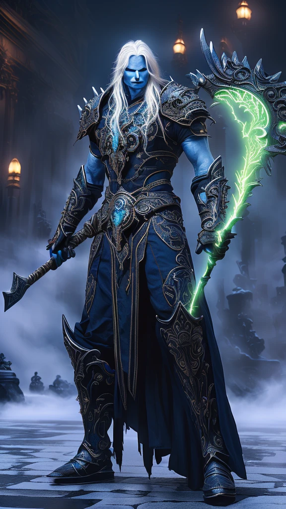 Dark fantasy male drow necromancer with deep blue skin, long flowing white hair, intense glowing blue eyes, wearing rich jet-black spiked armor with intricate engravings, wielding an ornate scythe that emits a sickly green glow around the blade, dramatic cinematic lighting, hyper-realistic details, atmospheric fog, ultra high-resolution fantasy illustration