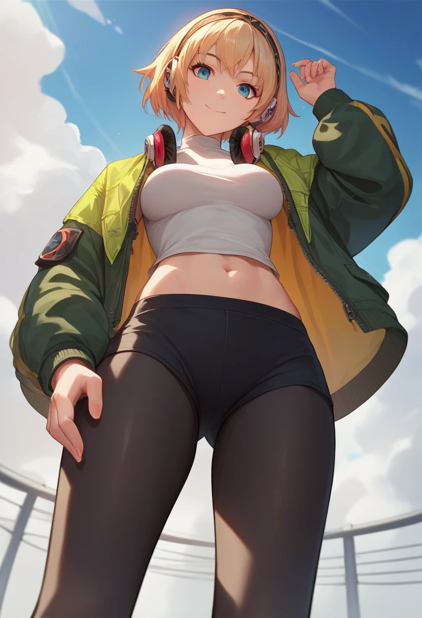 score_9, score_8_up, score_7_up, source_anime, solo, 1girl, p3aegis, 20 years old, smile, closed mouth, looking at viewer, standing, hairband, headphones, jacket, shirtless, black leggings, thighs, breasts, low angle shot 