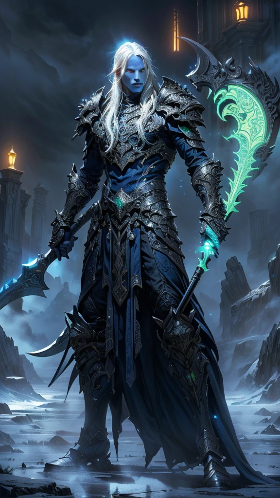 Dark fantasy male drow necromancer with deep blue skin, long flowing white hair, intense glowing blue eyes, wearing rich jet-black spiked armor with intricate engravings, wielding an ornate scythe that emits a sickly green glow around the blade, dramatic cinematic lighting, hyper-realistic details, atmospheric fog, ultra high-resolution fantasy illustration