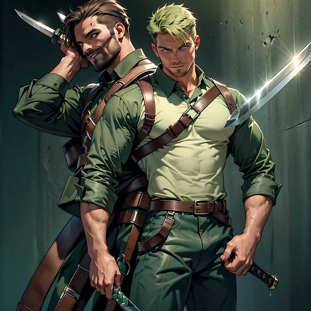 In movement ,in action , 8k, high quality , very well detailed face , detailed fingers ,detailed muscles, detailed background, stephen amell as green arrow , wearing dark green outfit, showing a dark blond short hair WITH FADE AWAY , a well groomed facial hair , a bulge ,hunk and handsome, using his bow and arrow , aiming with his bow and arrow toward the ennemy,in action , jumping from roof to roof , in the air , with the quiver on his back full of arrows, background cityscape at DAY LIGHT