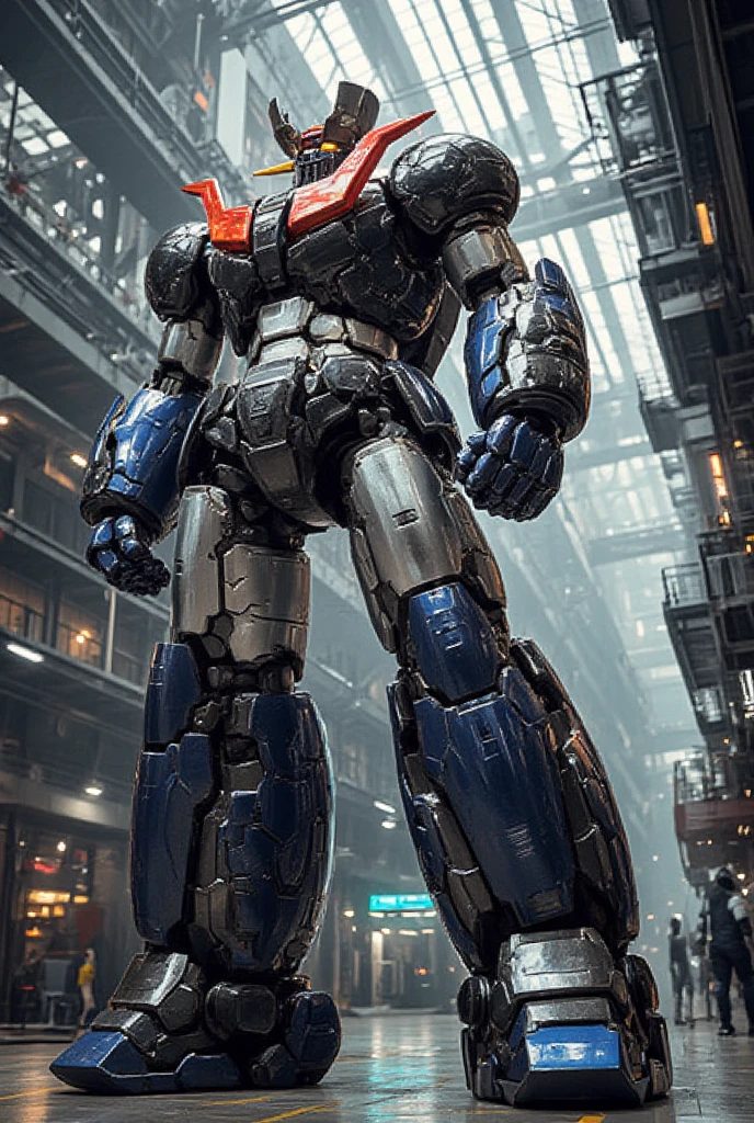   A very realistic smart version of Mazinger Z with the latest design and full body refinement, It stands at a massive height of 98 meters .  constructed with modern materials such as steel ,  Carbon Fiber ,  other industrial elements are also visible ,  just like the real thing , Rugged exterior .  and is set in a large indoor plant facility maintenance shop ,  the appearance of Mazinger Z standing around ,  illuminated by natural light 、Realistic shadows and accentuated massive structures using Gundam technology . The floor emits fine LED light 