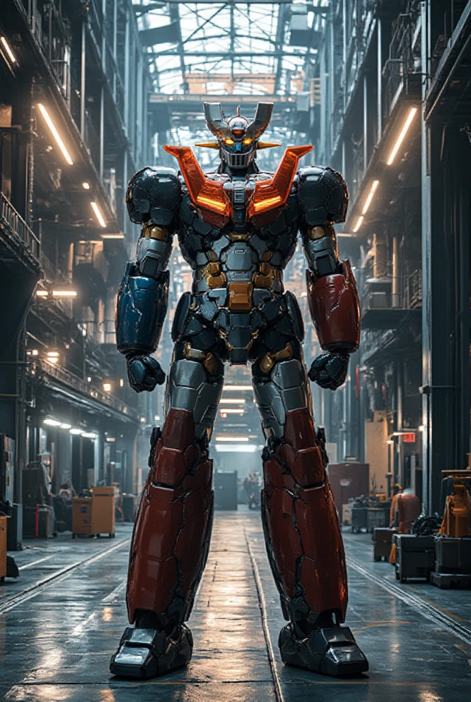   A very realistic smart version of Mazinger Z with the latest design and full body refinement, It stands at a massive height of 98 meters .  constructed with modern materials such as steel ,  Carbon Fiber ,  other industrial elements are also visible ,  just like the real thing , Rugged exterior .  and is set in a large indoor plant facility maintenance shop ,  the appearance of Mazinger Z standing around ,  illuminated by natural light 、Realistic shadows and accentuated massive structures using Gundam technology . The floor emits fine LED light 