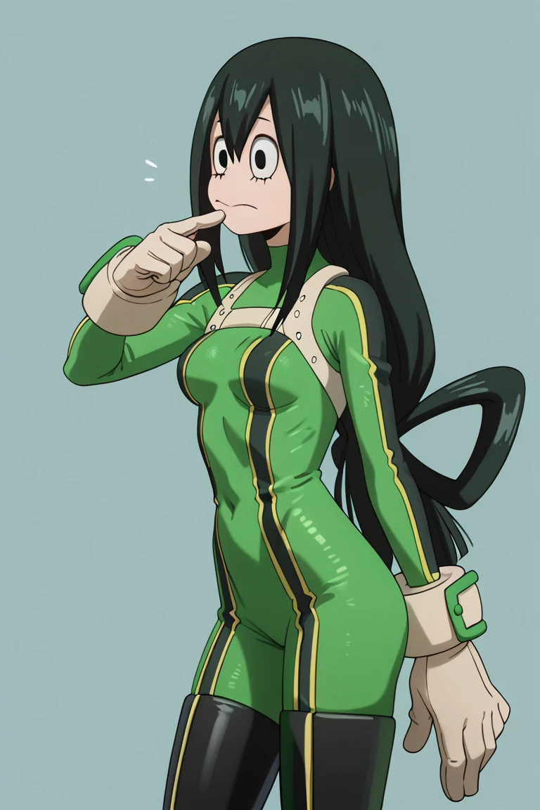 (side angle), slender tiny waist. sexy body, sexy figure, sexy, tiny waist, desireable, tempting, lust, Tsuyu Asui, ite-body, bodysuit, skin tight, slender body, tiny waist. ass-pose, sexy body, sexy figure, slim thighs, sexy, tiny waist, desireable, tempting, lust, medium breasts, slender body, slim, tiny waist, sexually suggestive pose.