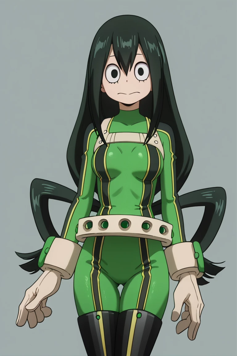 horikoshi kouhei, 1girl, Tsuyu Asui, absurdres, franja, bodysuit preto, blush, bodysuit, boku no hero academia, seios, cabelo verde, Closed hands, request for comment, Cilia, corpo inteiro, sorriso, lingua de fora, highres, middlebreasts, cabelo longo, solo, white footwear, usando roupa macacao, rua florestal, noite, pleasant environment, super detalhado, alta qualidade,