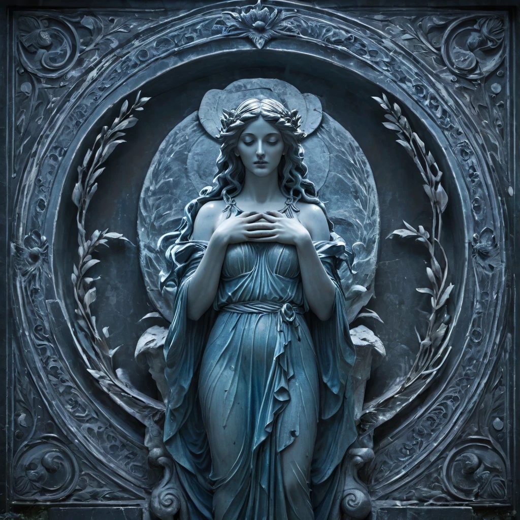 cold bluish statue of a Greek pagan goddess with her hands breaking and arms cracking,  perfect traits,  Beautiful young face , Face similar to the actress Emma Myers, straight and slightly wavy hair ,  closed eyes , sleeping,  Small and beautiful breasts ,  realistic image , professional photography,  Better quality,  style,  perfect saturation , perfect lighting, perfect contrast , High Sharpness,  High resolution,  masterpiece 