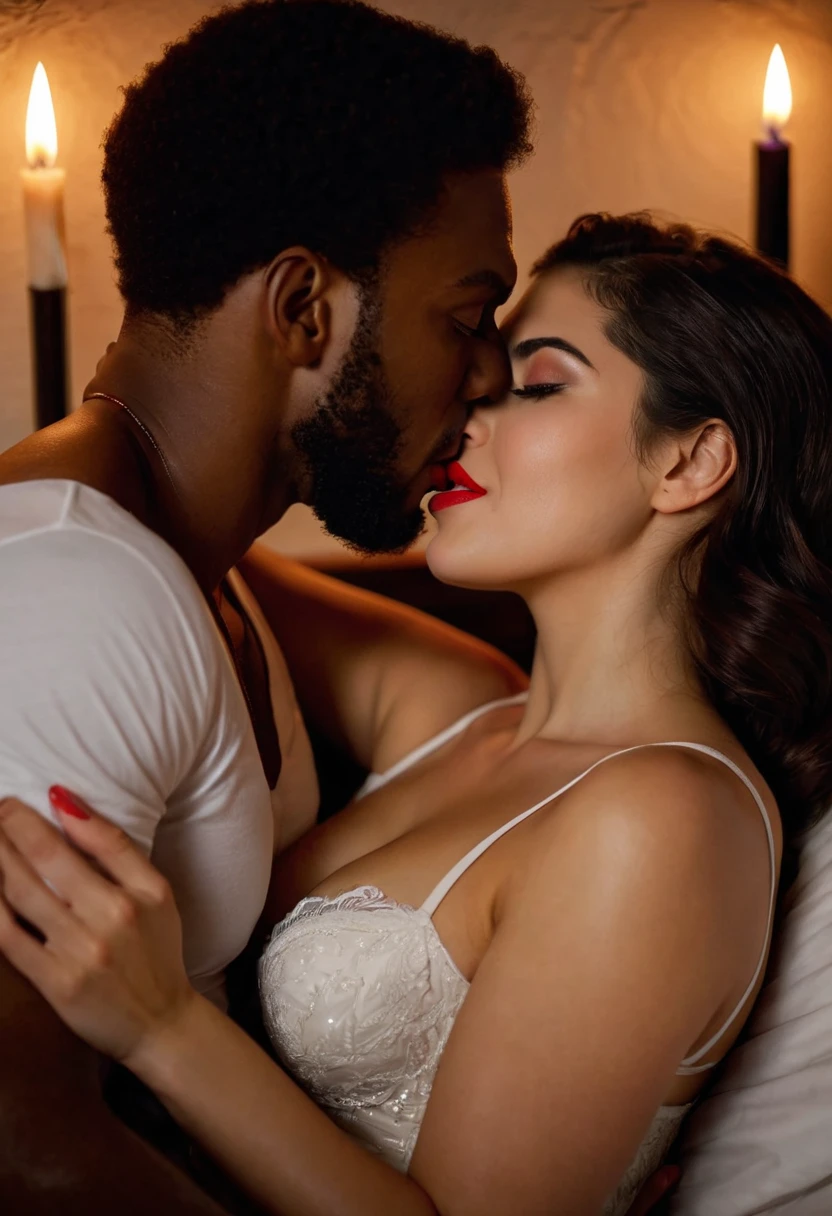 Ashley Greene and a handsome African American male whose facial features are a combo of Charles Michael Davis + Michael B. Jordan share a steamy kiss inside a bedroom lit only by candlelight. Ashley has lovely makeup on her face. Ashley’s hair is styled in a choppy and feathery neck-length bob evocative of Alice Cullen in "Twilight". Nighttime. Romantic ambiance. Symmetrical eyes. Symmetrical faces. Lovely details. Photorealistic. Full-colored photo. Professional photo. Highly detailed 8K.