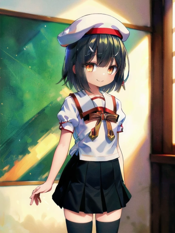 (((masterpiece,best quality,absurdres,8K,perfect body))) ,((standing)),((smile,flat chest)),(()),((UniformMiyu, Miyu's School Uniform, hat)),